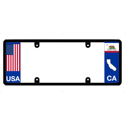 License plate frame with a USA flag graphic on the left and a California flag on the right by DFS Brands.