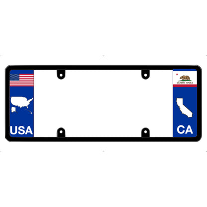 License plate frame with a USA map graphic on the left and a California flag on the right by DFS Brands.