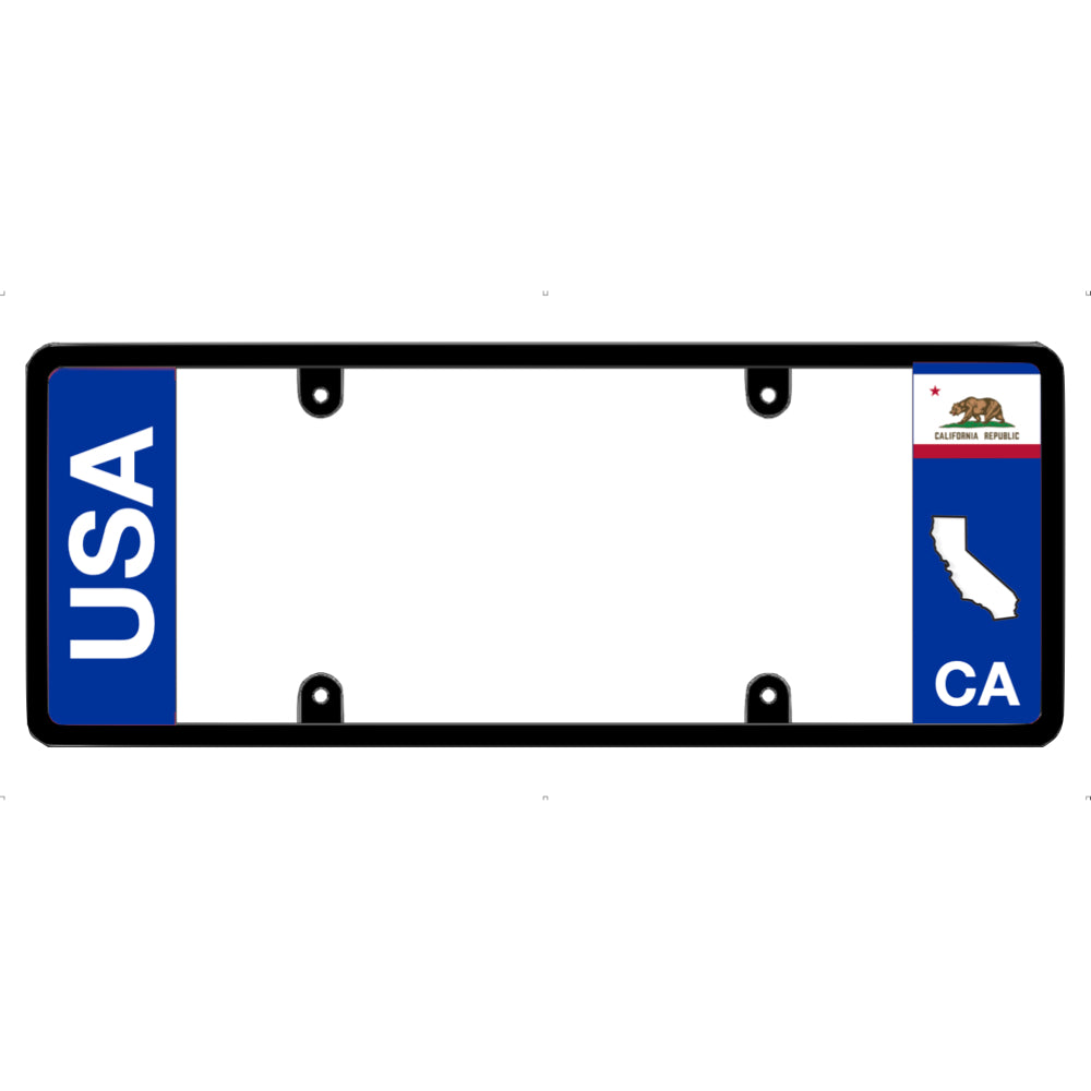 License plate frame with bold vertical USA text on the left and a California flag on the right by DFS Brands.