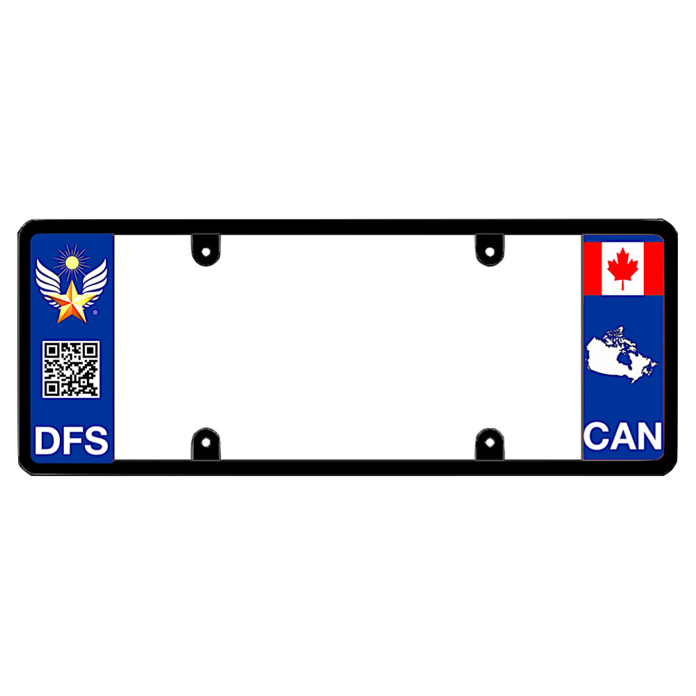 Canadian maple leaf license plate frame featuring a blue left panel with a gold star wing logo, a scannable QR code, and white DFS text, and a blue right panel displaying the Canadian flag above a white country map shape and CAN text