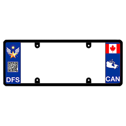 Canadian maple leaf license plate frame featuring a blue left panel with a gold star wing logo, a scannable QR code, and white DFS text, and a blue right panel displaying the Canadian flag above a white country map shape and CAN text