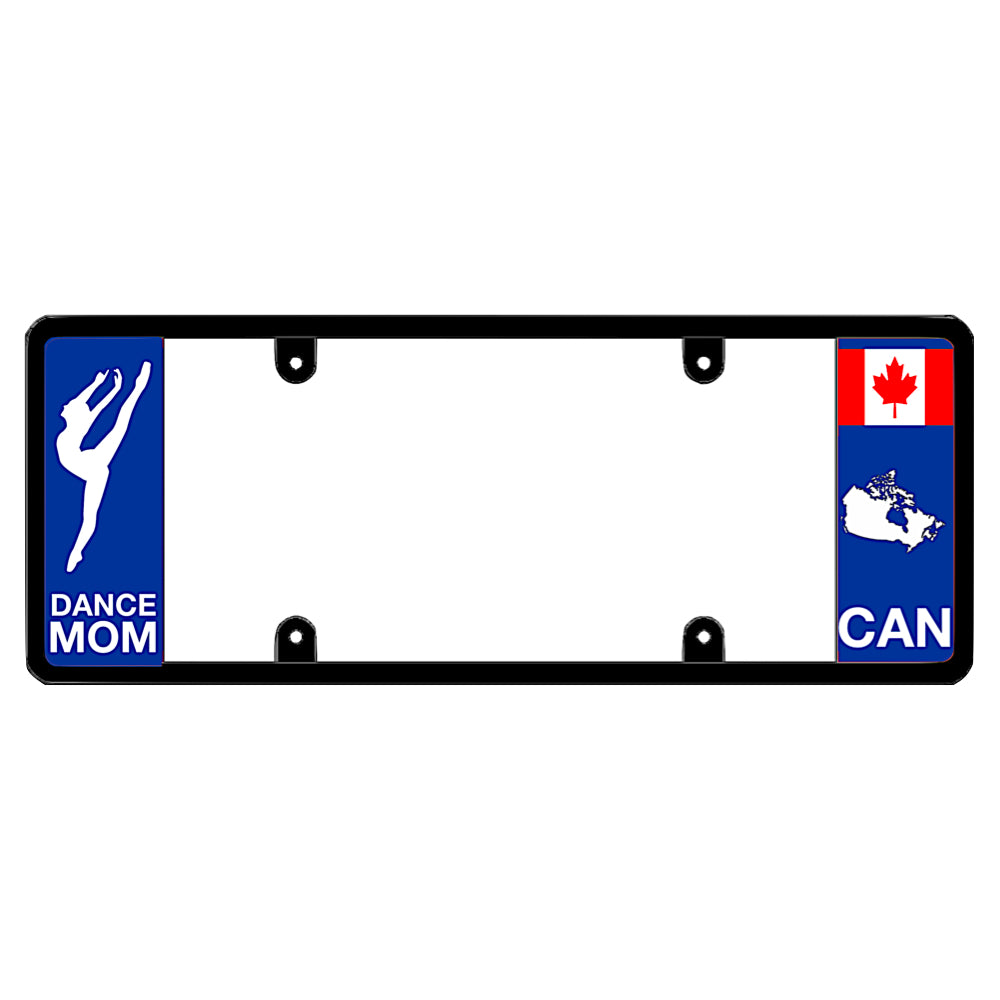 Canadian dancer exotic license plate frame featuring a white dancer silhouette above white Dance Mom lettering on the left blue panel, and a Canadian maple leaf flag above a white country map outline and CAN lettering on the right blue panel
