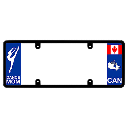 Canadian dancer exotic license plate frame featuring a white dancer silhouette above white Dance Mom lettering on the left blue panel, and a Canadian maple leaf flag above a white country map outline and CAN lettering on the right blue panel