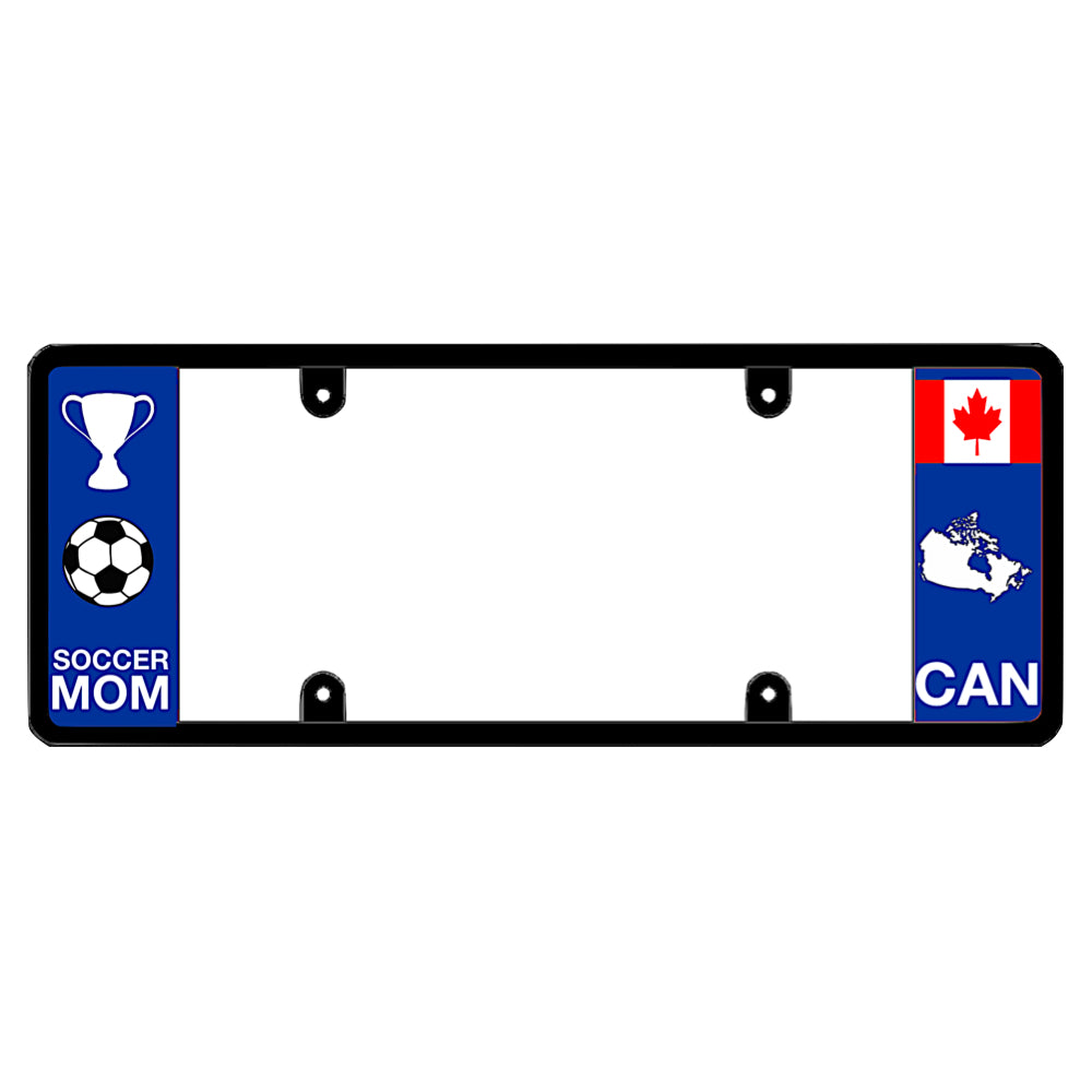 Canadian cup license plate frame featuring a white trophy and soccer ball graphic above white Soccer Mom lettering on the left blue panel, and a Canadian flag above a white country map outline and CAN lettering on the right blue panel (football)