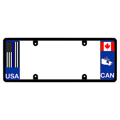 Canadian police license plate frame featuring a vertical thin blue line American flag above white USA lettering on the left blue panel, and a Canadian maple leaf flag above a white country map outline and CAN lettering on the right blue panel.