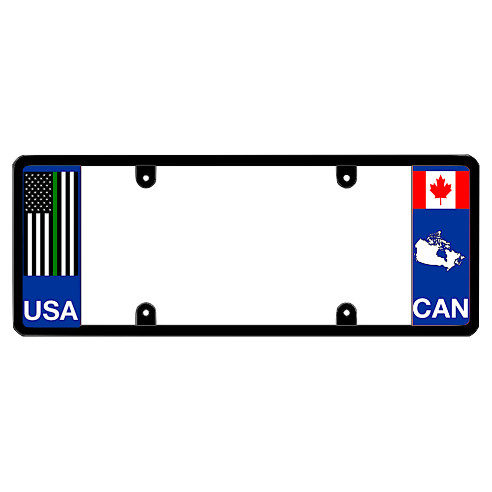 Canadian army license plate frame featuring a vertical thin green line American flag above white USA lettering on the left blue panel, and a Canadian maple leaf flag above a white country map outline and CAN lettering on the right blue panel