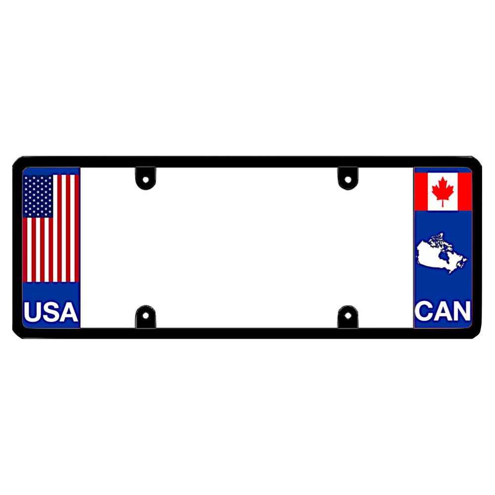 Canadian license plate frame featuring a traditional red, white, and blue American flag above white USA lettering on the left blue panel, and a Canadian maple leaf flag above a white country map outline and CAN lettering on the right blue panel