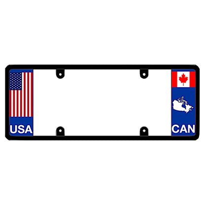 Canadian license plate frame featuring a traditional red, white, and blue American flag above white USA lettering on the left blue panel, and a Canadian maple leaf flag above a white country map outline and CAN lettering on the right blue panel