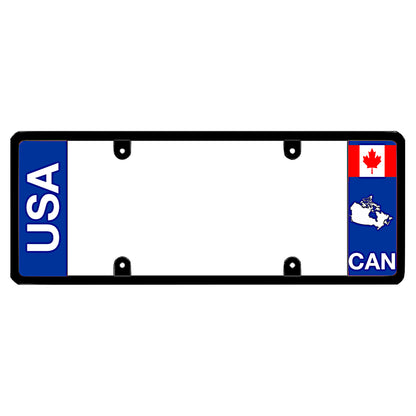 Canadian border license plate frame featuring a vertical blue panel with bold white USA lettering on the left, and a blue panel with the Canadian flag above a white country map shape and CAN lettering on the right