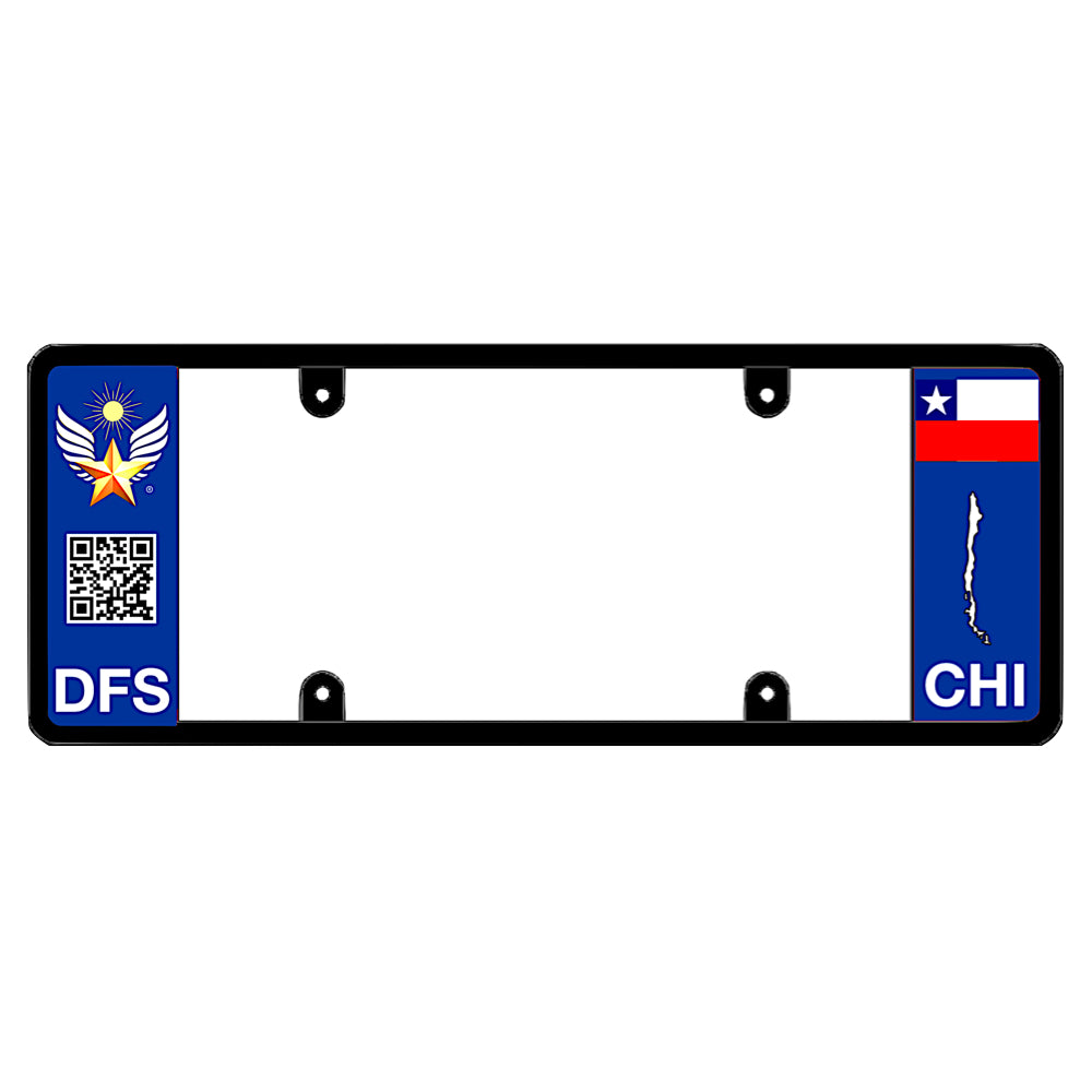 An elongated Chilean frame with a scan QR code panel on the left and a Chile flag on the right by DFS Brands.