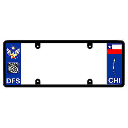 An elongated Chilean frame with a scan QR code panel on the left and a Chile flag on the right by DFS Brands.