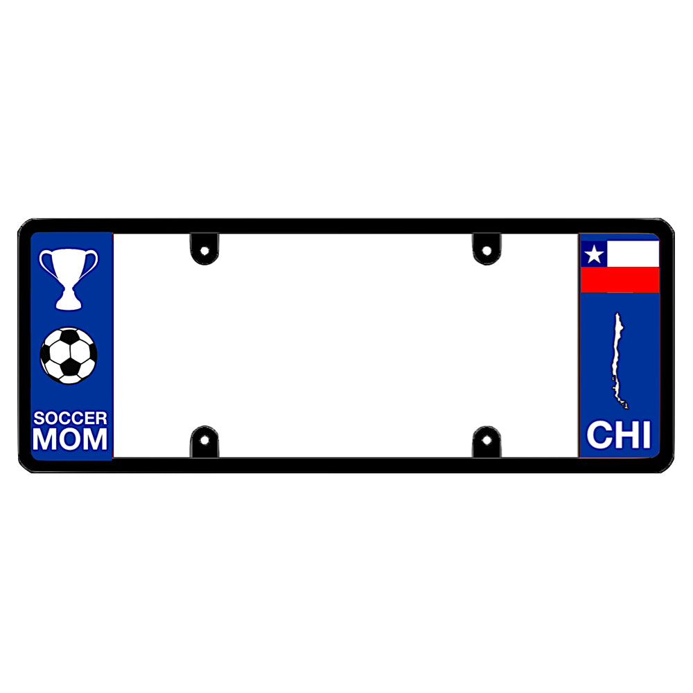 An elongated Chilean frame with a soccer mom graphic on the left and a Chile flag on the right by DFS Brands.