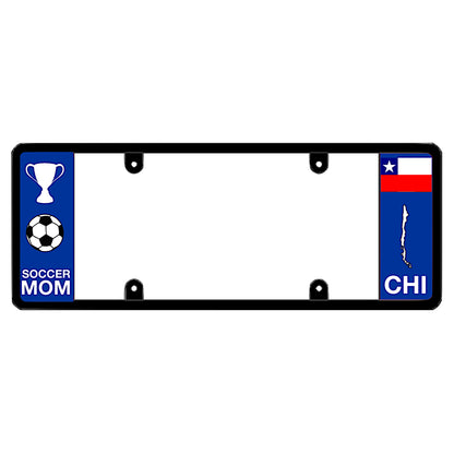 An elongated Chilean frame with a soccer mom graphic on the left and a Chile flag on the right by DFS Brands.