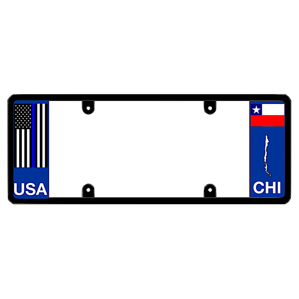 An elongated Chilean frame with a thin blue line flag on the left and a Chile flag on the right by DFS Brands.