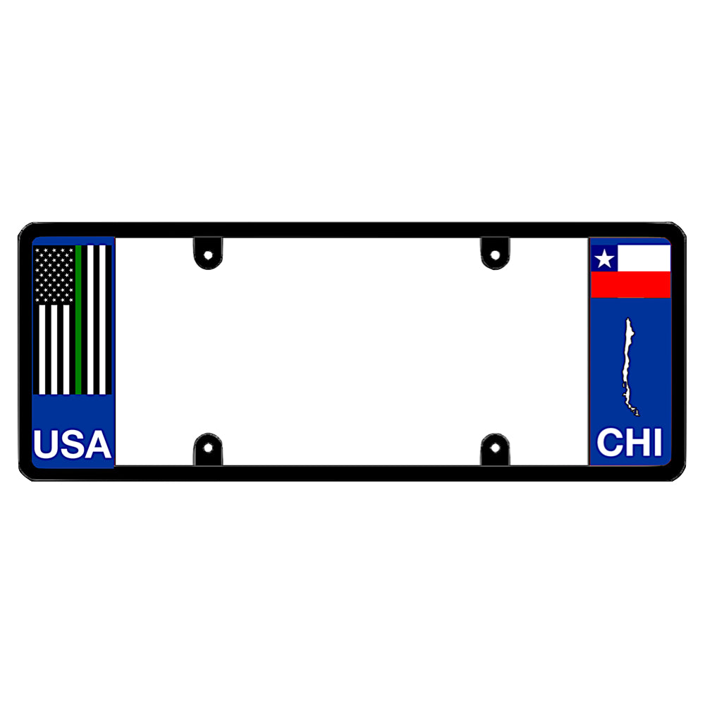 An elongated Chilean holder with a thin green line flag on the left and a Chile flag on the right by DFS Brands.