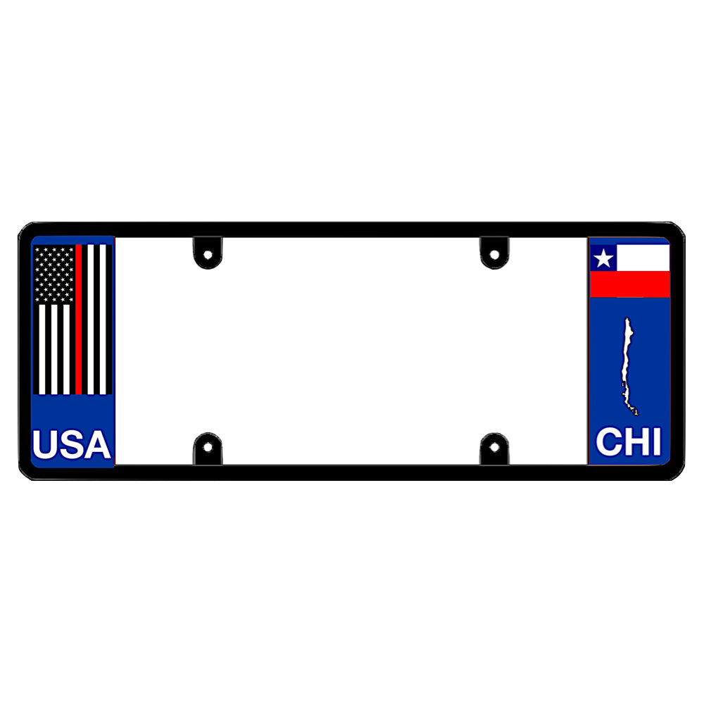 An elongated Chilean frame with a thin red line flag on the left and a Chile flag on the right by DFS Brands.