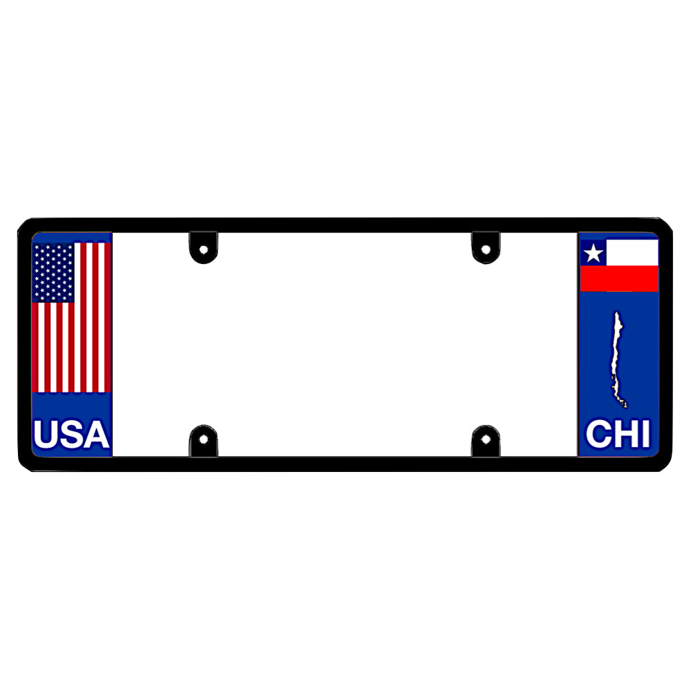 An elongated Chilean frame with a USA flag graphic on the left and a Chile flag on the right by DFS Brands.
