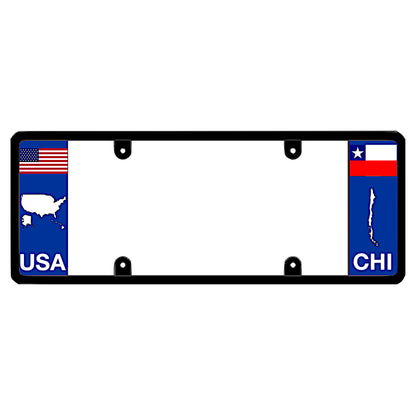 An elongated Chilean car tag holder with a USA map graphic on the left and a Chile flag on the right by DFS Brands.