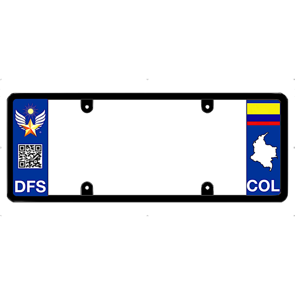 Colombia car license plate frame with DFS and COL branding on a white background