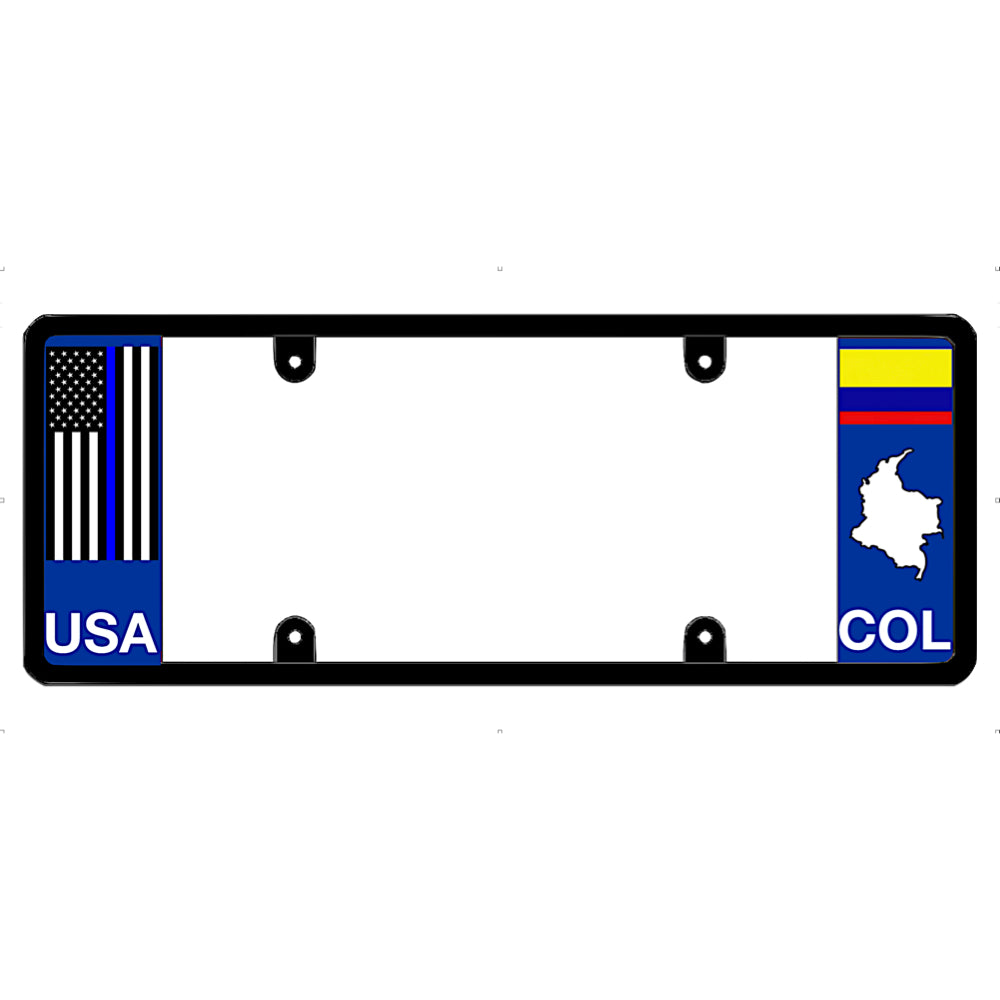 Thin blue line license plate frame with USA and Colombia flags on a white background