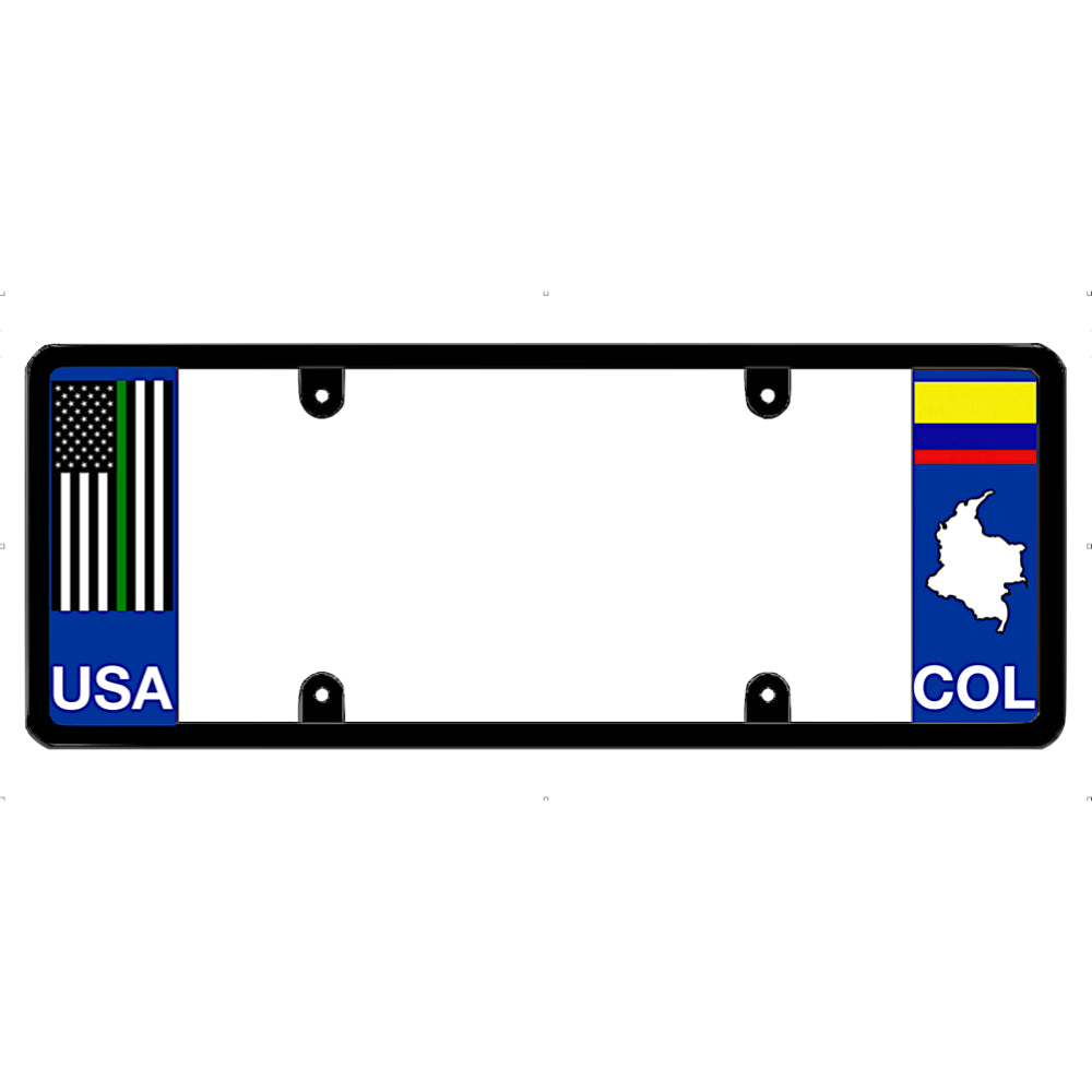 Thin green line license plate frame with USA and Colombia flags on a white background