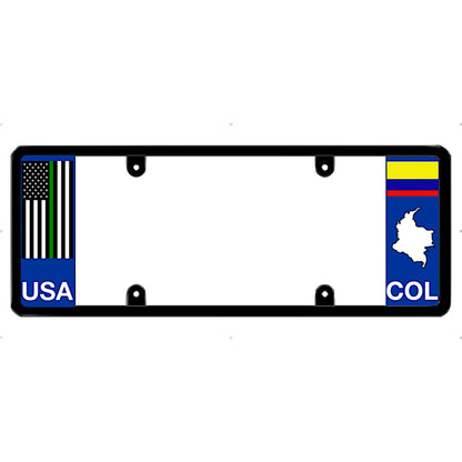 Thin green line license plate frame with USA and Colombia flags on a white background
