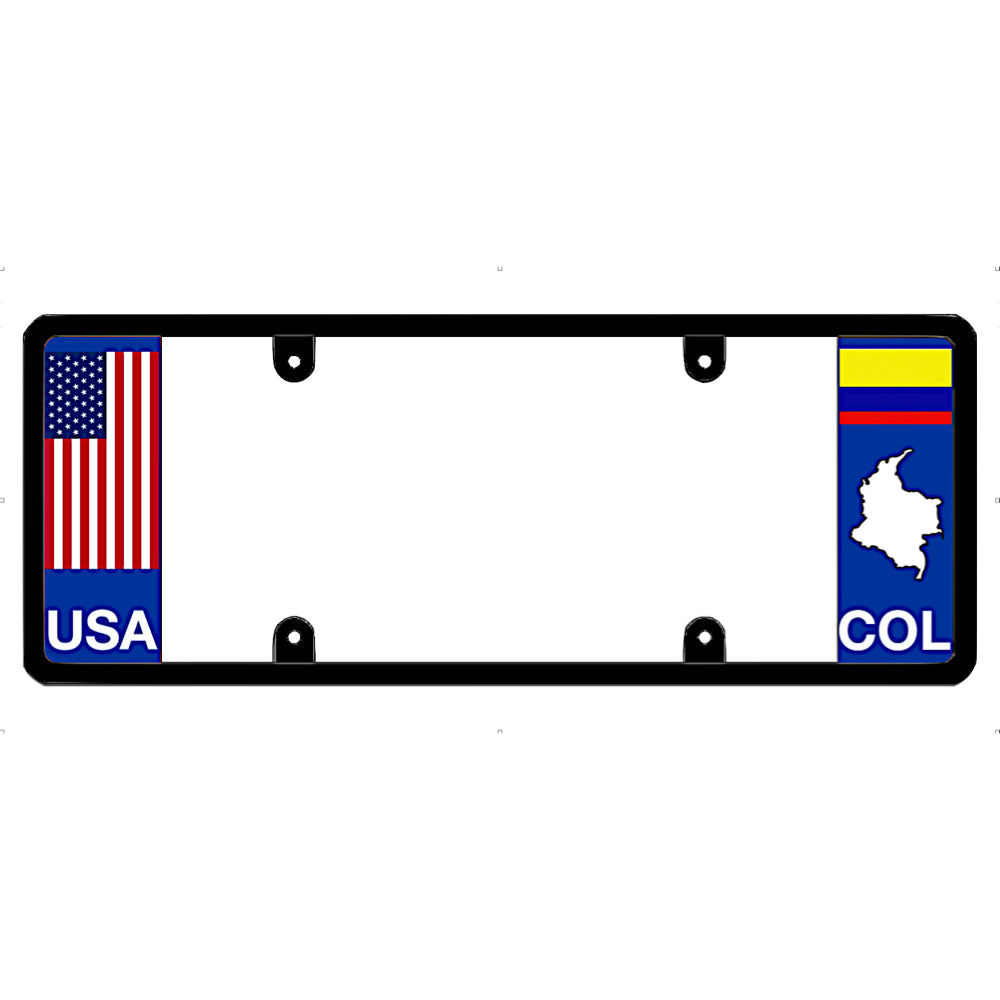 License plate frame with USA and Colombia flags on a white background