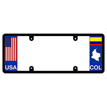 License plate frame with USA and Colombia flags on a white background