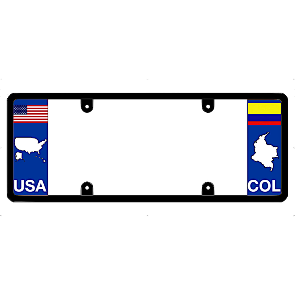License plate frame with USA and Colombia flags on a white background