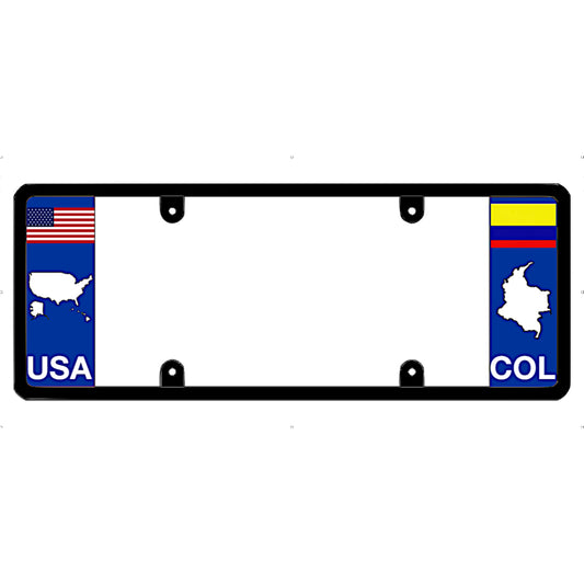 License plate frame with USA and Colombia flags on a white background