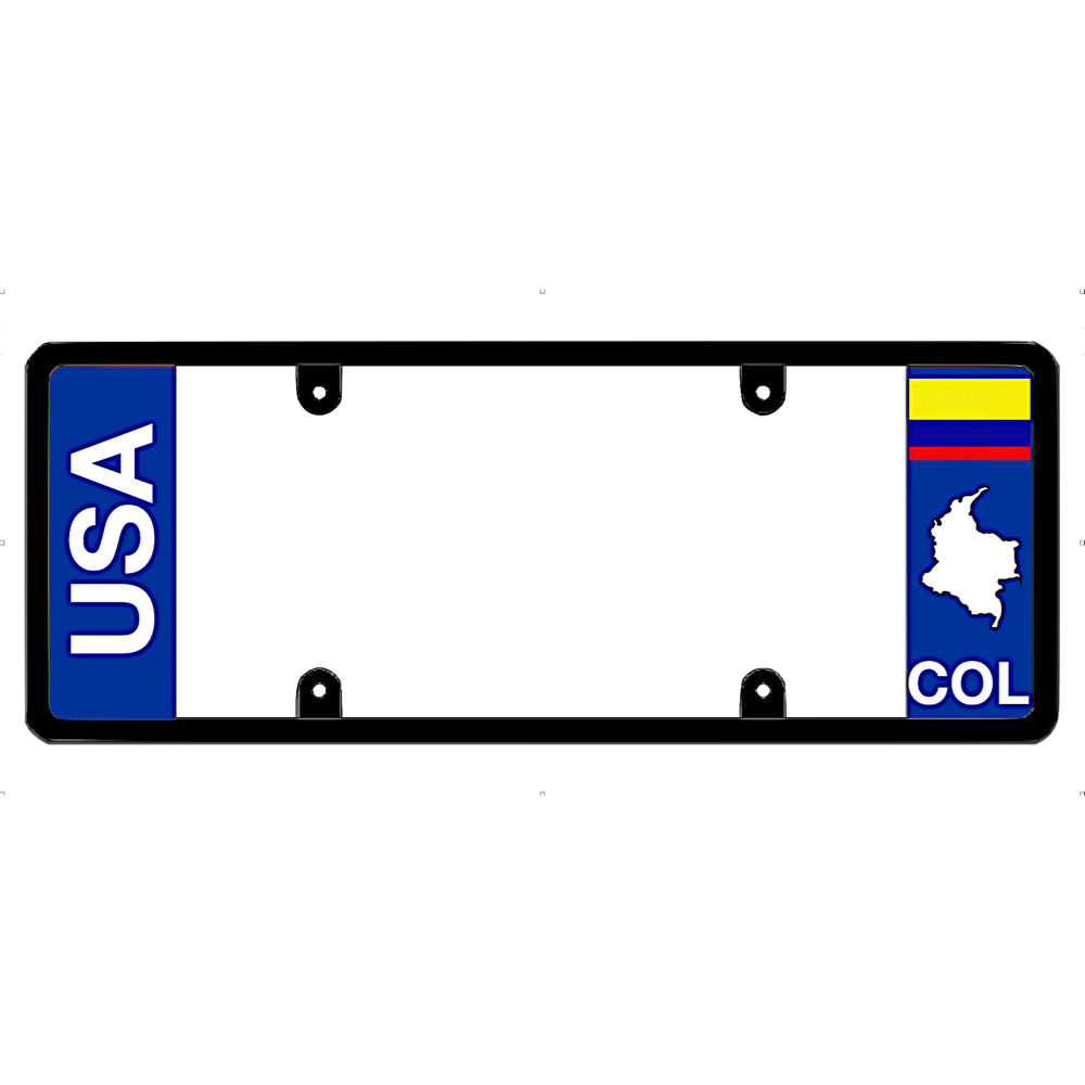 Colombia license plate frame with 'USA' and 'COL' text on a white background