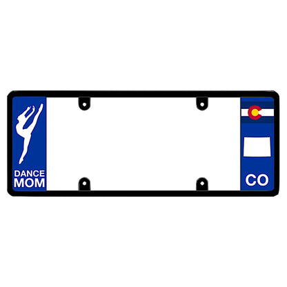 Colorado license plate frame for dance studios and families featuring an elegant dancer silhouette graphic on the left wing and official CO state identity emblems on the right side panel extension
