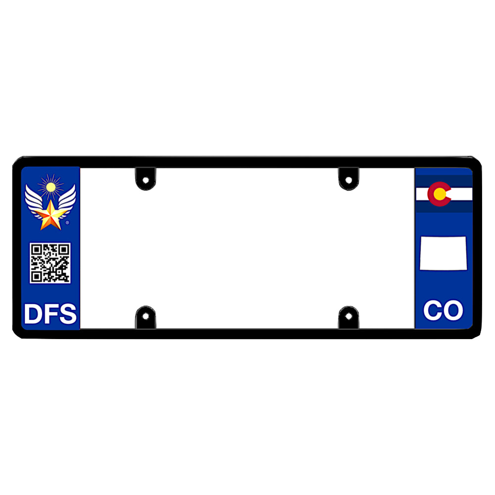 Colorado license plate frame showcasing the official patented DFS official logo and an interactive scannable QR code on an elongated executive-style vehicle tag frame with Centennial State flag graphics