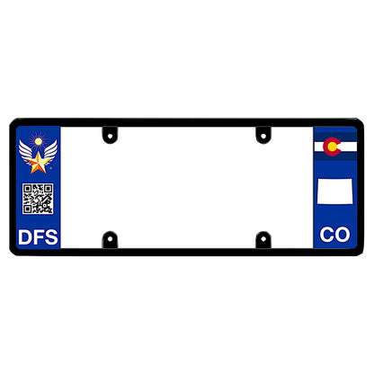 Colorado license plate frame showcasing the official patented DFS official logo and an interactive scannable QR code on an elongated executive-style vehicle tag frame with Centennial State flag graphics