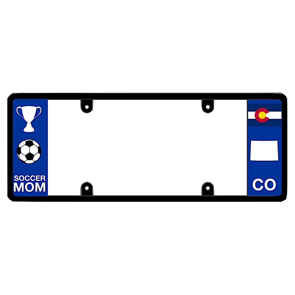 Colorado license plate frame styled for youth sports families featuring a soccer ball and championship trophy graphic, paired with Rocky Mountain state pride symbols on a patented tag holder