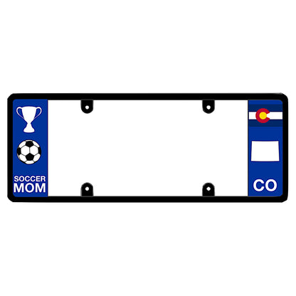 Colorado license plate frame styled for youth sports families featuring a soccer ball and championship trophy graphic, paired with Rocky Mountain state pride symbols on a patented tag holder