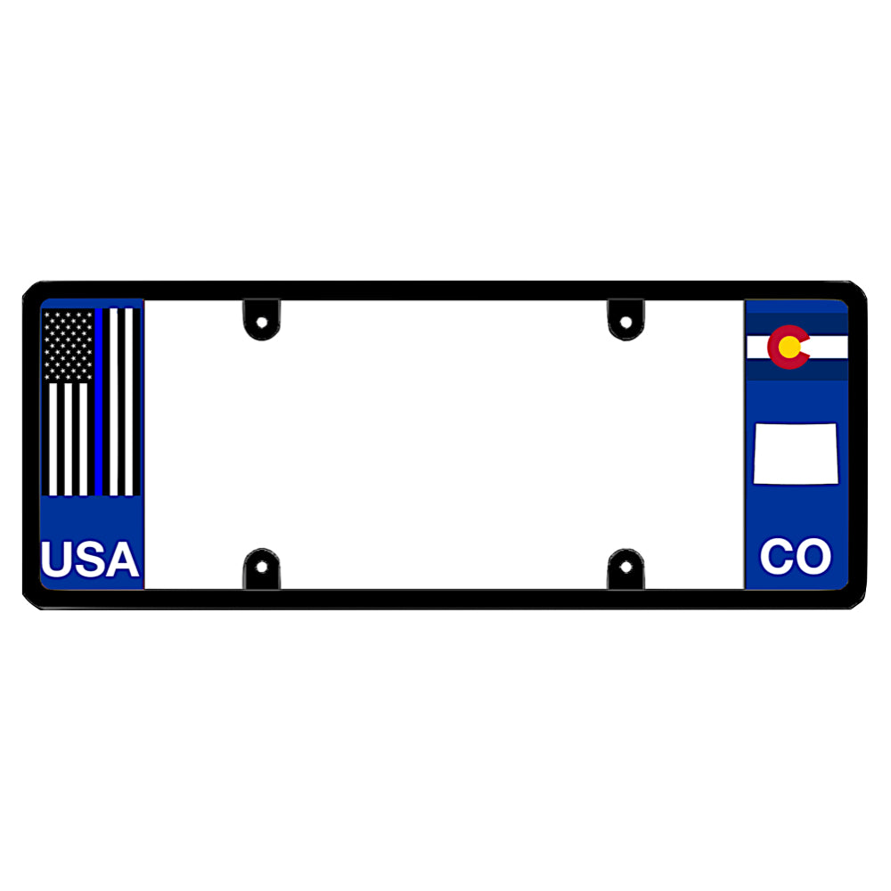 Colorado license plate frame 100 percent legal by DFS Brands that ensures zero DMV registration tag obstruction, featuring a patriotic thin blue line police officer tribute flag layout with the CO state flag and map silhouette