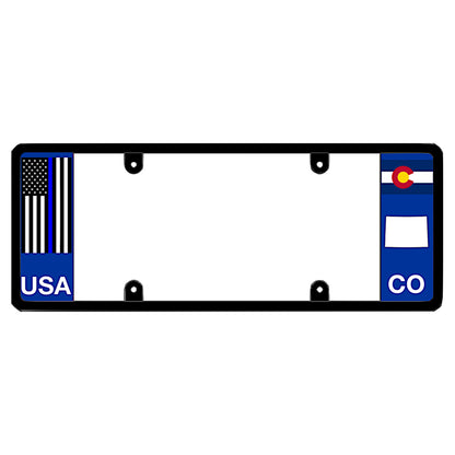 Colorado license plate frame 100 percent legal by DFS Brands that ensures zero DMV registration tag obstruction, featuring a patriotic thin blue line police officer tribute flag layout with the CO state flag and map silhouette