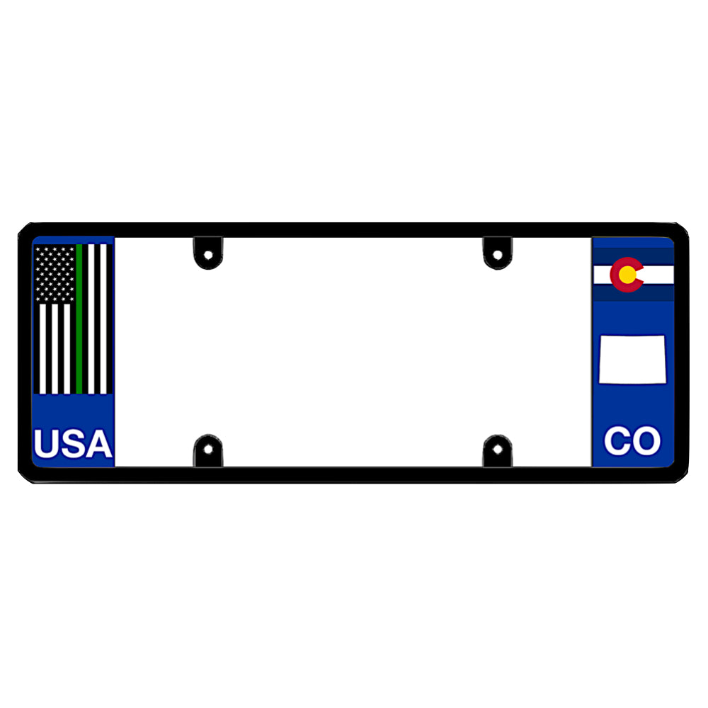 Colorado license plate frame designed to balance wide automotive body lines with an elongated black border, displaying a military thin green line flag alongside the CO state map layout