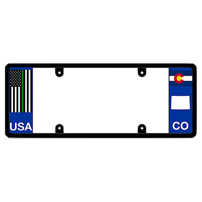 Colorado license plate frame designed to balance wide automotive body lines with an elongated black border, displaying a military thin green line flag alongside the CO state map layout