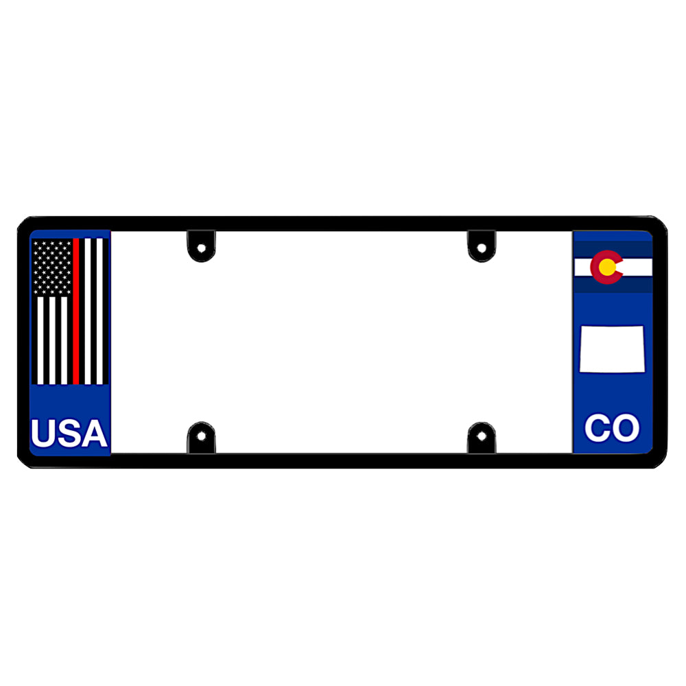 Colorado license plate frame honoring fire department service members with a subdued thin red line tactical flag design, completely clear of DMV registration decals for guaranteed street legality