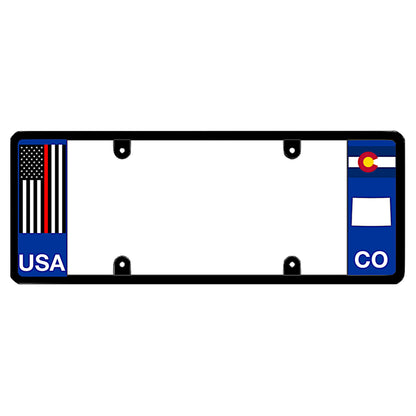 Colorado license plate frame honoring fire department service members with a subdued thin red line tactical flag design, completely clear of DMV registration decals for guaranteed street legality