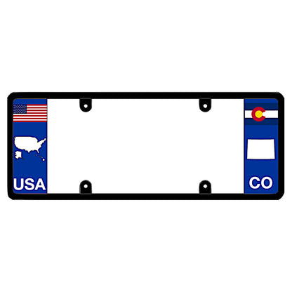 Colorado license plate frame presenting a dual-identity patriotic look with the United States national flag and continental country map outline combined with the bold CO state code layout