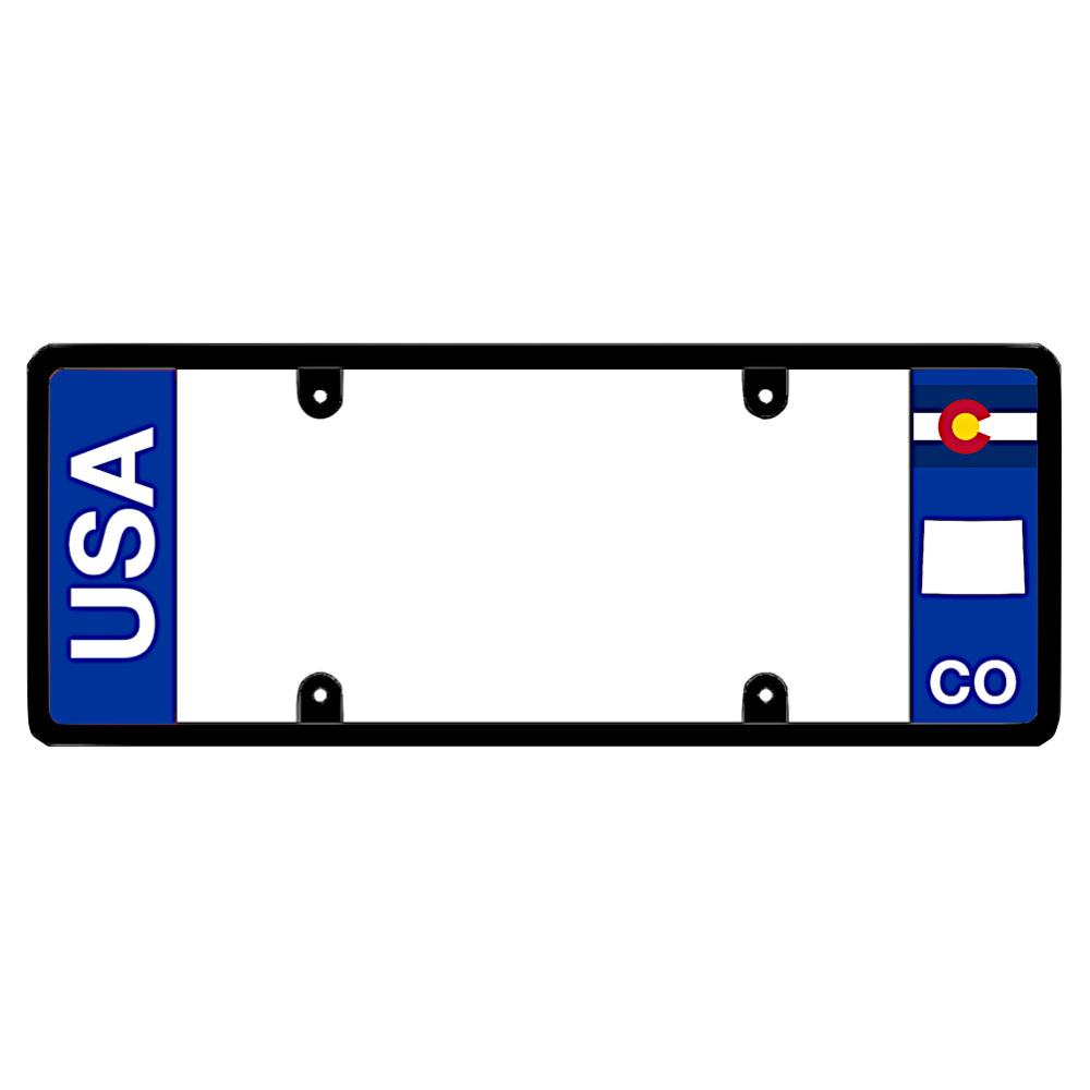 Colorado license plate frame utilizing minimalist block lettering with a vertical USA emblem on a solid blue field, balancing the geometric layout of the Colorado state flag on the opposite panel