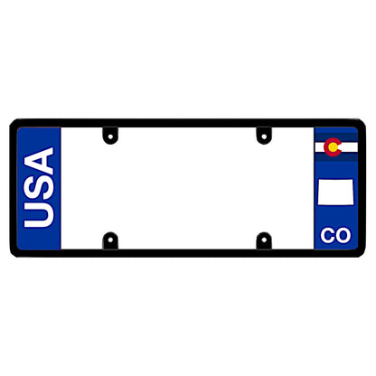 Colorado license plate frame utilizing minimalist block lettering with a vertical USA emblem on a solid blue field, balancing the geometric layout of the Colorado state flag on the opposite panel