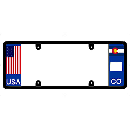 License plate frame with USA and Colorado flags on a white background