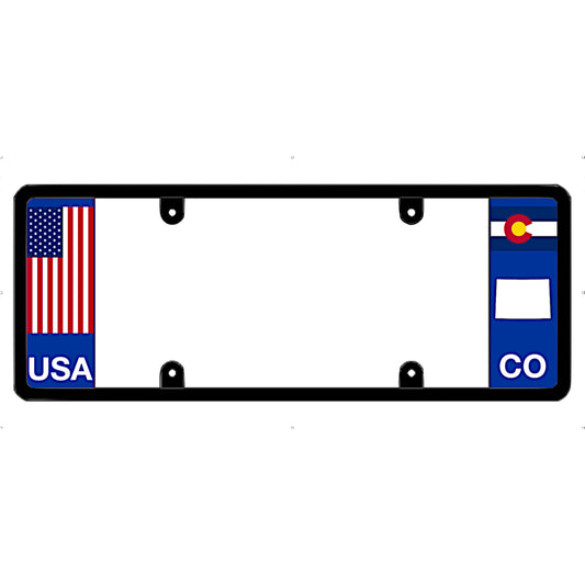 License plate frame with USA and Colorado flags on a white background