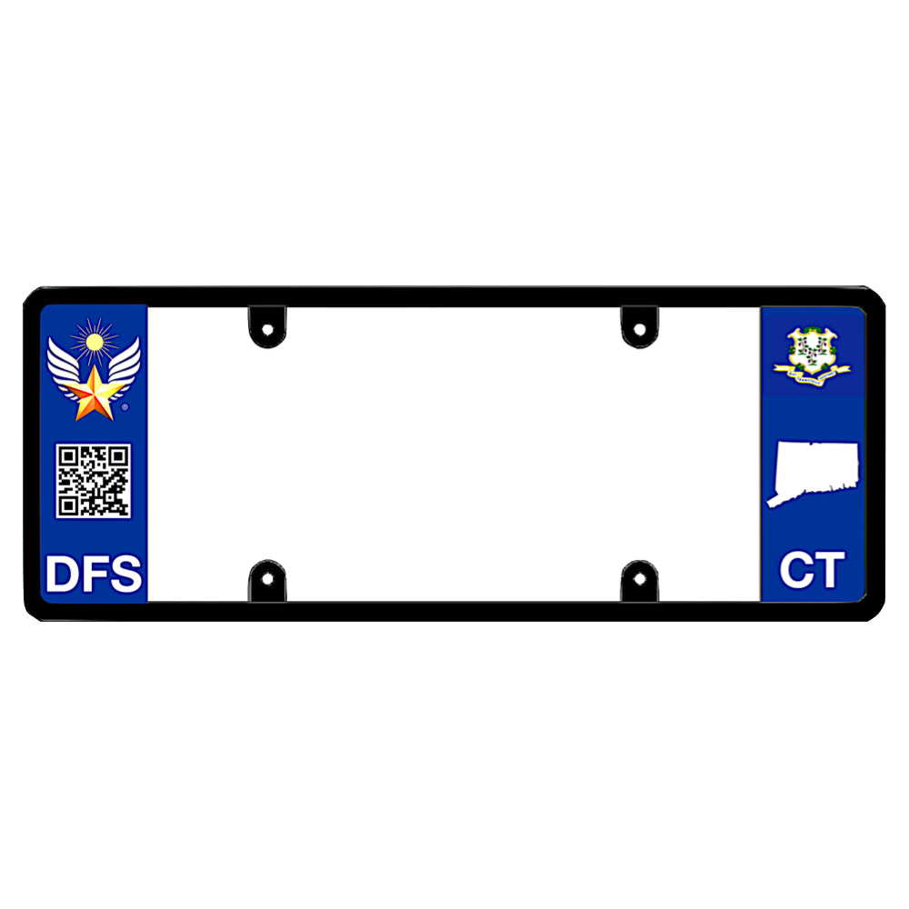 Connecticut license plate frame featuring a blue left panel with a gold star wing logo, a scannable QR code, and white DFS text, and a blue right panel displaying the Connecticut state flag above a white state map shape and CT text. This is DFS the official license frame of America to drive your identity