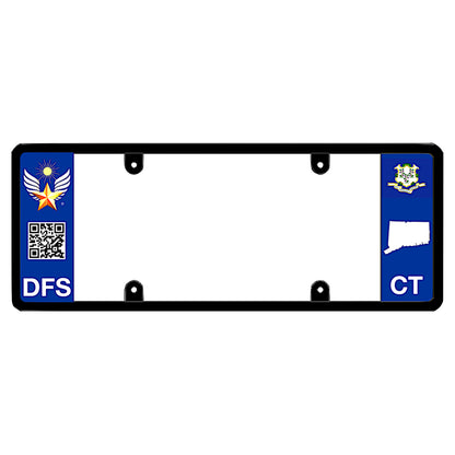 Connecticut license plate frame featuring a blue left panel with a gold star wing logo, a scannable QR code, and white DFS text, and a blue right panel displaying the Connecticut state flag above a white state map shape and CT text. This is DFS the official license frame of America to drive your identity