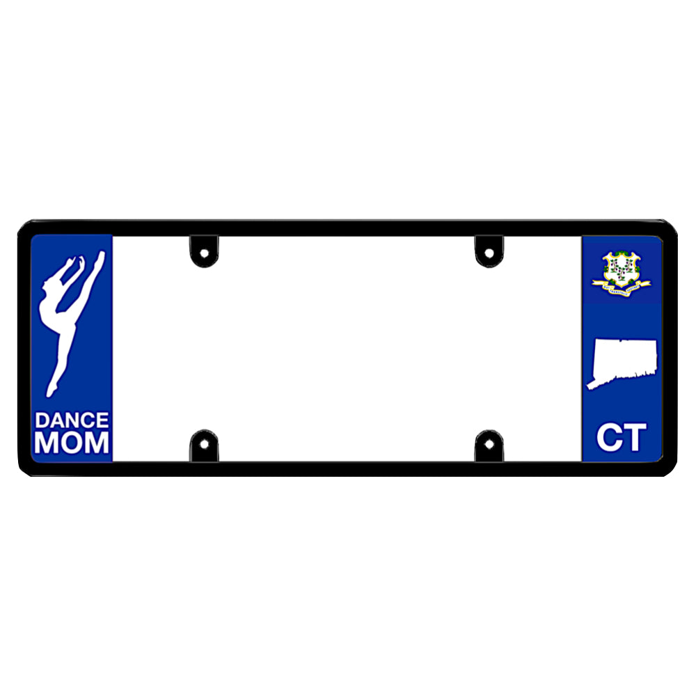 Connecticut dance academy official license plate frame featuring a white dancer silhouette above white Dance Mom lettering on the left blue panel, and a Connecticut state flag above a white state map outline and CT lettering on the right blue panel
